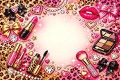 平成ギャル・フレーム,平成ギャル背景,平成ギャル,平成リバイバル,ラメ,メイク,メイク道具,リップ,口紅,マスカラ,唇,パール,アクセ,アクセサリー,ヒョウ柄,アニマル柄,豹柄,ギャル,カワイイ,可愛い,かわいい,ハート,ジュエル,お洒落,おしゃれ,オシャレ,ファッション,リボン,懐かしい,ribbon,fashion,jewel,heart,makeup,gal,texture,AI生成素材