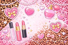 平成ギャル背景,平成ギャル,平成リバイバル,ラメ,メイク,メイク道具,リップ,口紅,香水瓶,香水,パール,アクセ,アクセサリー,ヒョウ柄,アニマル柄,豹柄,ギャル,カワイイ,可愛い,かわいい,ハート,ジュエル,宝石,お洒落,おしゃれ,オシャレ,ファッション,リボン,懐かしい,ribbon,fashion,jewel,heart,makeup,gal,texture,AI生成素材