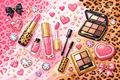 平成ギャル背景,平成ギャル,平成リバイバル,ラメ,メイク,メイク道具,リップ,口紅,マスカラ,アクセ,アクセサリー,ヒョウ柄,アニマル柄,豹柄,ギャル,カワイイ,可愛い,かわいい,ハート,ジュエル,宝石,お洒落,おしゃれ,オシャレ,ファッション,リボン,懐かしい,ribbon,fashion,jewel,heart,makeup,gal,texture,AI生成素材