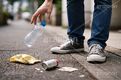 ポイ捨て,ゴミ拾い,拾う,捨てる,ポイ捨て,ごみ,ゴミ,ルール,マナー,空き缶,ペットボトル,路上,罪,悪,ダスト,人物,男性,男,dust,manner,rule,AI生成素材