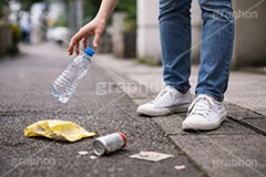 ポイ捨て,ゴミ拾い,拾う,捨てる,ポイ捨て,ごみ,ゴミ,ルール,マナー,空き缶,ペットボトル,路上,罪,悪,ダスト,人物,男性,男,dust,manner,rule,AI生成素材