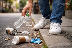 ポイ捨て,ゴミ拾い,拾う,捨てる,ポイ捨て,ごみ,ゴミ,ルール,マナー,空き缶,ペットボトル,路上,罪,悪,ダスト,人物,男性,男,dust,manner,rule,AI生成素材