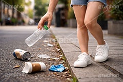 ポイ捨て,ゴミ拾い,拾う,捨てる,ポイ捨て,ごみ,ゴミ,ルール,マナー,空き缶,ペットボトル,路上,罪,悪,ダスト,人物,女性,女,dust,manner,rule,AI生成素材