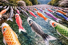 川を泳ぐ鯉のぼり,節句,こどもの日,こいのぼり,鯉のぼり,5月5日,端午,供物,子供の日,こども,子供,和,文化,風習,行事,なびく,川,river,event,kids,japan,AI生成素材