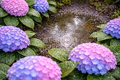 雨の日のあじさい,6月,梅雨,水滴,グラデーション,雨,紫陽花,あめ,つゆ,あじさい,アジサイ,雨粒,小雨,レイン,雨の日,花,ホンアジサイ,季語,フラワー,rain,flower,june,AI生成素材