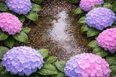 雨の日のあじさい,梅雨,水滴,グラデーション,雨,紫陽花,あめ,つゆ,あじさい,アジサイ,雨粒,小雨,レイン,雨の日,花,ホンアジサイ,季語,フラワー,6月,rain,flower,june,AI生成素材