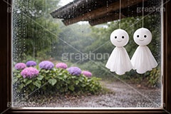 てるてる坊主,あじさい,梅雨,天気,つゆ,アジサイ,紫陽花,窓,軒先,曇る,湿気,水滴,雨粒,イベント,行事,6月,願い,手作り,手づくり,吊る,雨,晴れ,風習,人形,こども,子供,キッズ,kids,weather,rain,japan,june,window,AI生成素材