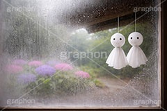 てるてる坊主,あじさい,梅雨,天気,つゆ,アジサイ,紫陽花,窓,軒先,曇る,湿気,水滴,雨粒,イベント,行事,6月,願い,手作り,手づくり,吊る,雨,晴れ,風習,人形,こども,子供,キッズ,kids,weather,rain,japan,june,window,AI生成素材
