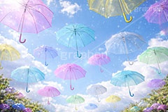 カラフルな傘,天気,雨,梅雨,傘,ビニール傘,使い捨て,つゆ,雨粒,6月,吊る,浮く,飛ぶ,舞う,晴れ,weather,rain,june,umbrella,AI生成素材