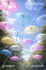 カラフルな傘,梅雨,晴れ,天気,雨,傘,ビニール傘,使い捨て,つゆ,雨粒,6月,吊る,浮く,飛ぶ,舞う,weather,rain,june,umbrella,AI生成素材