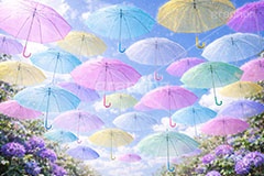 カラフルな傘,梅雨,晴れ,天気,雨,傘,ビニール傘,使い捨て,つゆ,雨粒,6月,吊る,浮く,飛ぶ,舞う,weather,rain,june,umbrella,AI生成素材