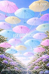 カラフルな傘,晴れ,天気,雨,梅雨,傘,ビニール傘,使い捨て,つゆ,雨粒,6月,吊る,浮く,飛ぶ,舞う,weather,rain,june,umbrella,AI生成素材