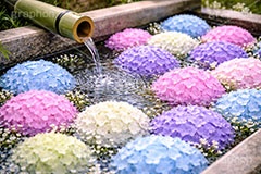梅雨の花手水,お参り,手水舎,花手水,梅雨,紫陽花,つゆ,あじさい,アジサイ,ホンアジサイ,季語,6月,寺,お寺,寺院,神社,参拝,お水舎,手洗い場,手洗い,おみずや,手水,フォトジェニック,花,お花,フラワー,ちょうずや,ちょうずしゃ,てみずや,てみずしゃ,作法,スポット,japan,flower,june,AI生成素材