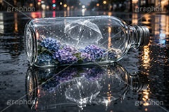 ビンの中の梅雨,ビニール傘,紫陽花,水滴,雨の日の交差点,傘,雨の日,使い捨て,アジサイ,あじさい,ビン,びん,瓶,空き瓶,空きびん,ごみ,ゴミ,不思議,ファンタジー,雨,梅雨,都会,交差点,横断歩道,道路,夜,夜景,アスファルト,水たまり,水溜まり,umbrella,rain,asphalt,fantasy,flower,AI生成素材
