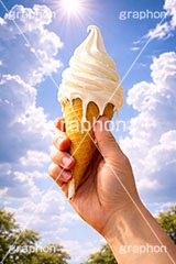 溶けたソフトクリーム,暑い,アイスクリーム,ソフトクリーム,クリーム,コーン,ワッフル,ミルク,溶け,垂れ,清凉,夏,真夏,青空,入道雲,涼,冷,アイス,スイーツ,菓子,デザート,おやつ,お菓子,冷菓子,甘い,sweet,summer,AI生成素材