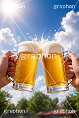 ビールで乾杯,生ビール,ジョッキ,夏,青空,入道雲,逆光,日差し,ビール,ビア,ビールジョッキ,生中,大麦,麦芽,泡,飲み,家呑み,呑み,一杯,注がれた,冷え,飲む,飲み物,飲料,飲み会,ドリンク,お酒,酒,アルコール,冷,グルメ,カンパイ,乾杯,垂れ,あふれる泡,beer,summer,AI生成素材