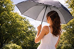 紫外線,日傘,猛暑,日焼け,傘,日焼け止め,日焼け対策,日差し,UV,日光,太陽,対策,人物,女性,モデル,夏,暑い,残暑,サマー,summer,umbrella,AI生成素材