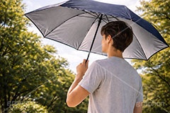 紫外線,日差し,UV,日傘,傘,日焼け,日焼け止め,日焼け対策,日光,太陽,対策,人物,男性,モデル,夏,猛暑,暑い,残暑,サマー,summer,umbrella,AI生成素材