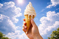 溶けたソフトクリーム,夏,アイス,暑い,アイスクリーム,ソフトクリーム,クリーム,コーン,ワッフル,ミルク,溶け,垂れ,清凉,真夏,青空,入道雲,涼,冷,スイーツ,菓子,デザート,おやつ,お菓子,冷菓子,甘い,sweet,summer,AI生成素材