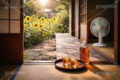 縁側で麦茶,清涼,風物詩,麦茶,縁側,田舎,実家,夏休み,ヒマワリ,ひまわり,向日葵,ミネラル,ボトル,グラス,お盆,食器,夏,サマー,飲み物,ドリンク,drink,summer,drink,AI生成素材