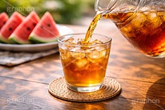 夏は麦茶,清涼,夏,麦茶,風物詩,夏休み,注ぐ,田舎,実家,ミネラル,ボトル,グラス,食器,サマー,すいか,スイカ,西瓜,飲み物,ドリンク,drink,summer,drink,AI生成素材