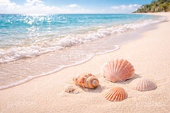 砂浜と貝殻,波打ち際,風物詩,砂浜,貝殻,海,貝,夏休み,波,自然,夏,ポエム,sea,summer,AI生成素材