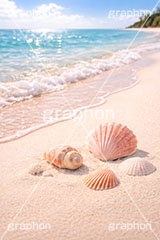 砂浜と貝殻,波打ち際,風物詩,砂浜,貝殻,海,貝,夏休み,波,自然,夏,ポエム,sea,summer,AI生成素材