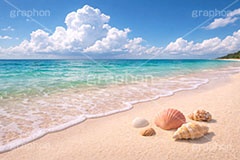 砂浜と貝殻,波打ち際,入道雲,砂浜,貝殻,海,貝,風物詩,夏休み,波,自然,夏,ポエム,sea,summer,AI生成素材