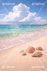 砂浜と貝殻,砂浜,貝殻,海,貝,波打ち際,入道雲,風物詩,夏休み,波,自然,夏,ポエム,sea,summer,AI生成素材