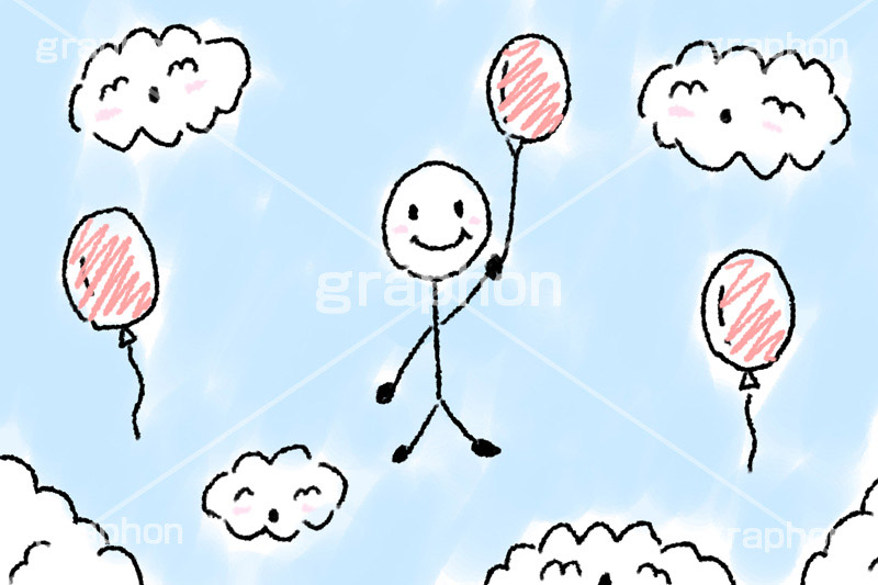 空の旅,棒人間,スマイル,smile,cloud,balloon,fly,飛ぶ,笑顔,雲,風船,バルーン,シュール,下手,落書き,らくがき,character,キャラクター,キャラ,子供,こども,絵,絵日記,クレヨン,くれよん,ラフ,おもしろ,面白い,謎
